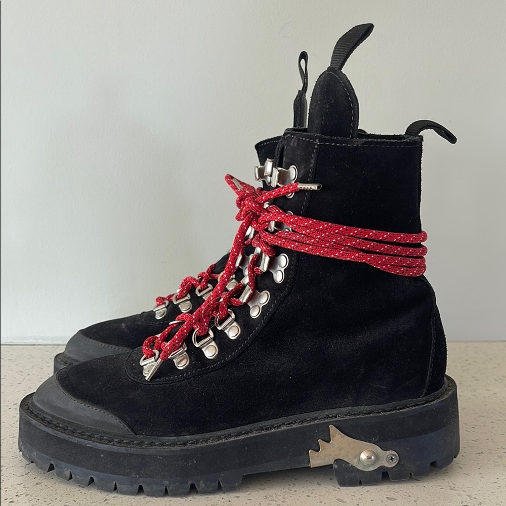 OFF-WHITE Black Suede Hiking Boots with Red Laces